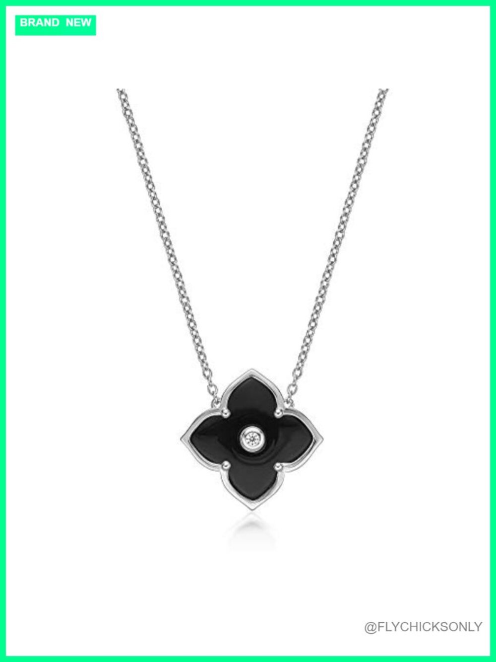 Flower Pendant Necklace in Sterling Silver with Black Onyx and Cubic Zirconia